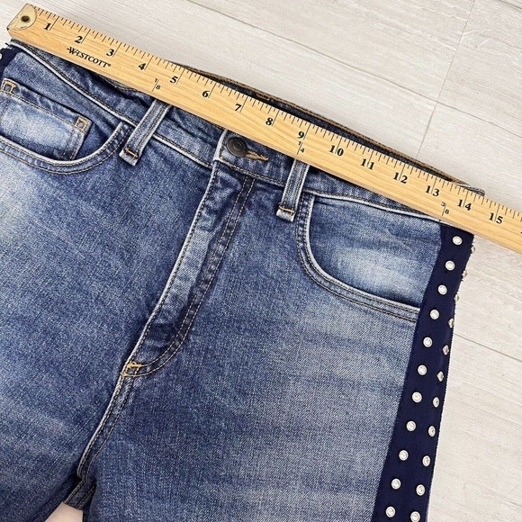 Veronica Beard Ines Cropped Straight-Leg Girlfriend Jeans 28 Blue Rhinestones - Picture 13 of 16